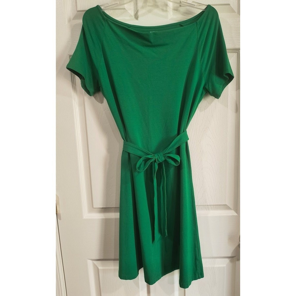 Lands' End Womens Green Boat Neck Belted Short Sleeve A-Line Dress Size M 10-12